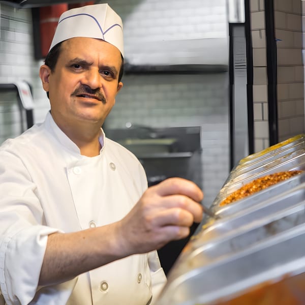 Mint Masala chef in a white uniform and hat, stirring Indian spices in a kitchen.