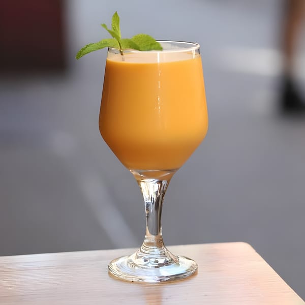 A tall glass of orange mango lassi, garnished with fresh mint leaves, on a light wooden table.